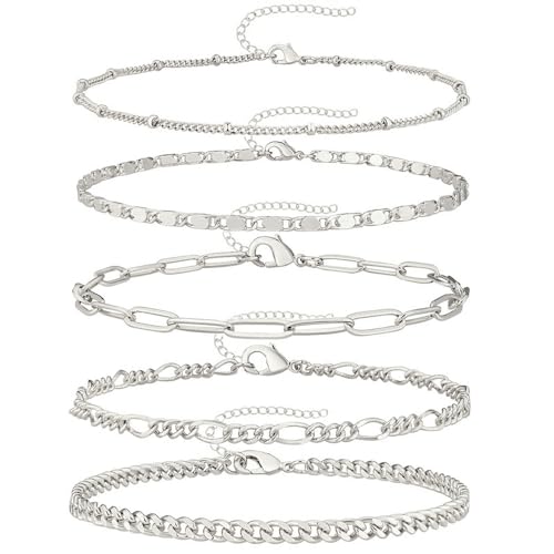 Wnddle 5Pcs Ketten Armbander für Damen, Kette Armbänder Set für Frauen, Edelstahl Armbänder Set Für Damen Silber Gold Armband Verstellbar, Link Armband Schmuck Geschenk für Mädchen Freundin. (Silber) von Wnddle