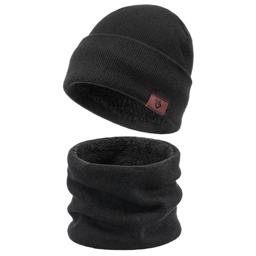 Wnddle Jungen Beanie Mütze und Schlauchschal 2er Set, Mütze Schal Set Junge, Wintermütze Herren Schal Set, Mütze Herren Winter, Herren Schal Winter, Strick Wintermütze Winterschal für Herren und Damen von Wnddle