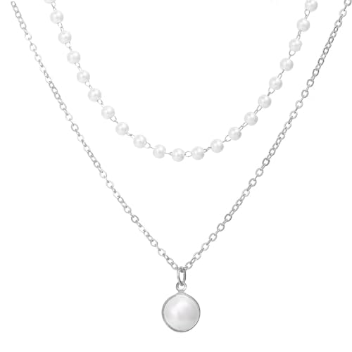 Wnddle Perlenkette, Layered Damen Kette, Damen Perlenkette, Damen Layered Kette Silber, Damen Weiße Perlen Halsketten, weiße perlenkette mit Anhänger für Frauen und Mädchen Geschenke. von Wnddle