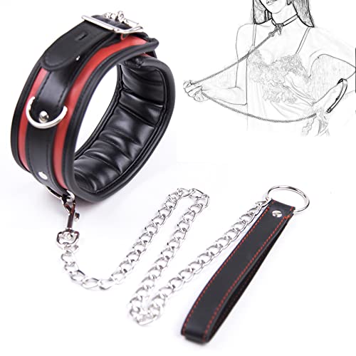 Wnicek SM Leder Collar Bondage Halsband-Geschirr Breit Gepolstert Weiche Polsterung Choker Kette mit Leine Ketten und 3 Metall-D-Ring Verstellbar BDSM Sklaven Fetisch Sex Spielzeug für Frauen von Wnicek