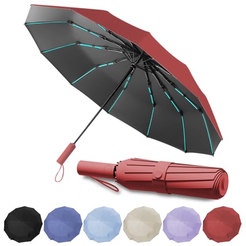 Automatik Regenschirm,60 Verdickte Doppelkiele Äußerst Wasserdicht Robust, Groß Regenschirm Für Männer Frauen (Weinrot) von WoRuyKot