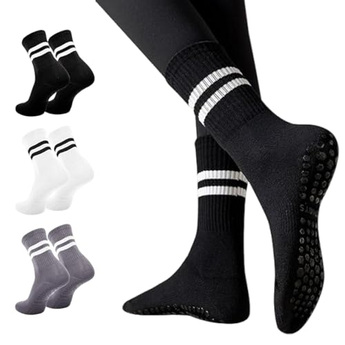 WoRuyKot 3 Paar Stoppersocken, Yoga Socken Damen, Damen Pilates Socken, Lange Griff socken für Damen und Mädchen, AntiRutschSocken für Pilates Barre Ballett Tanz Trampolin(Schwarz, Weiß und Grau) von WoRuyKot