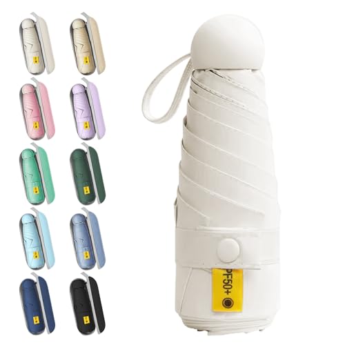 WoRuyKot Mini Reise Regenschirm, Kleiner Uv-Regenschirm, Uv-Faltbar Mit Kapselbox, Reisewasser- Und Winddicht Für Männer Und Frauen (Off-White) von WoRuyKot