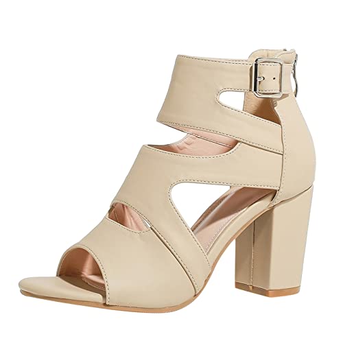 Woaikeyu High Heel Sandalen Damen Mode Sommer Muster Ausschnitt Einfarbig Offene Zehe Bequem Quadratischer Absatz Dicker Absatz Reißverschluss Rutschfest Große Größe Schuhe, beige, 38 EU von Woaikeyu