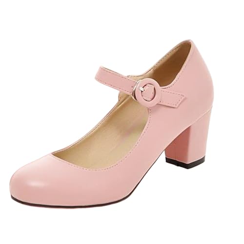 Woaikeyu High Heels Damen Große Größe Frühling Runde Zehe Plattform Knöchelriemen Schnalle Mary Jane-Schuhe Bankettkleid Absätze Hochzeitskleid, Rosa, 42 EU von Woaikeyu