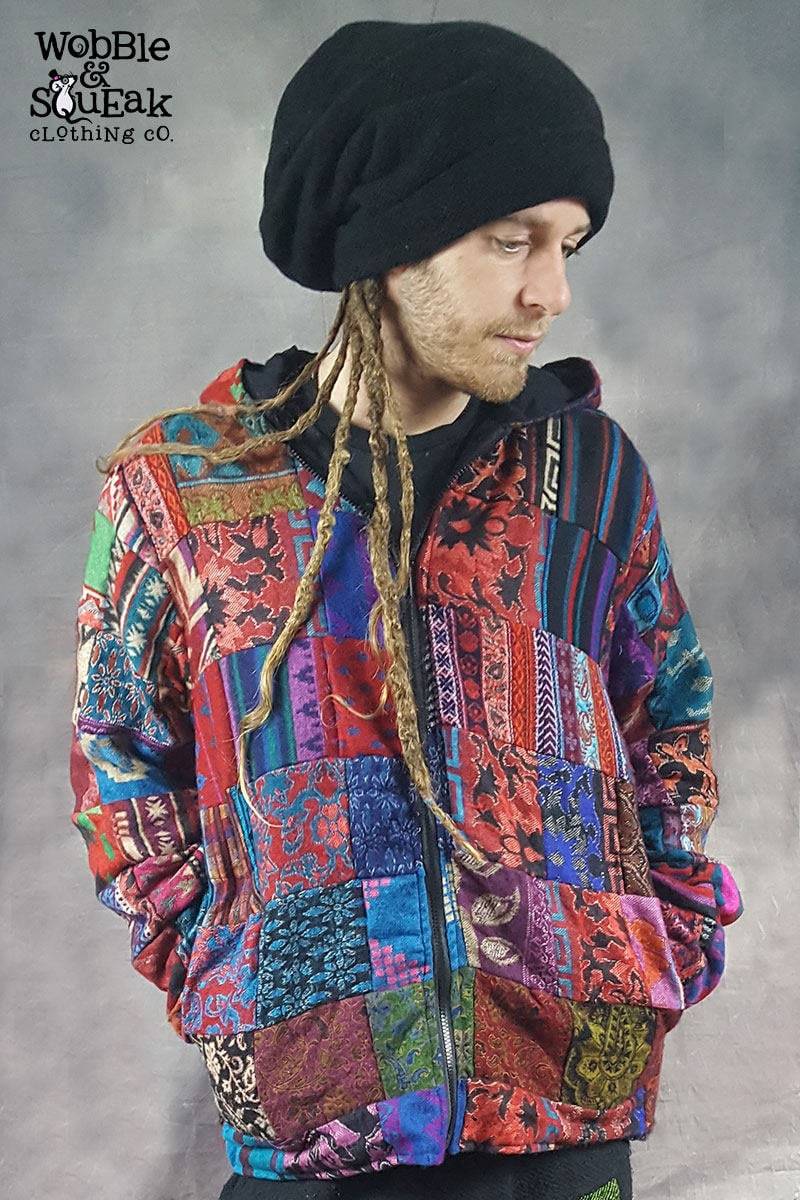 Patchworkjacke Vegan Wolle Baumwolle Futter Bunt Hippy Pixie Psytrance Festival Unisex Mit Kapuze von WobbleandSqueak