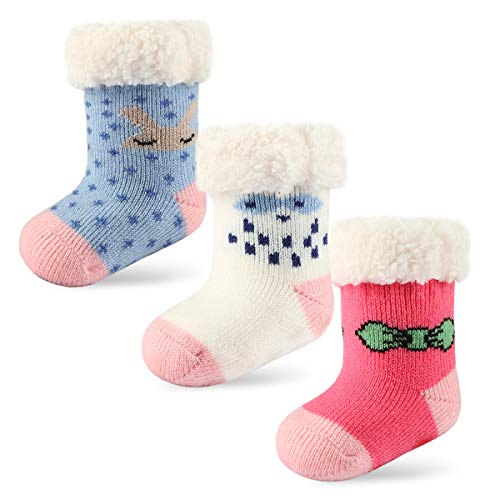 Wobon 3 Paar Kleinkind Mädchen Fuzzy Socken mit Sherpa Futter, ABS Socken Anti Rutsch Baby Mädchen Weihnachten Socken Kinder Slipper Socken (4-6 Jahre, 3 Paar Mädchen) von Wobon
