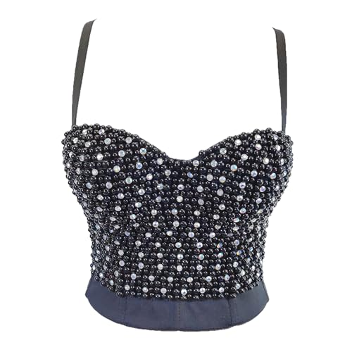 Woboren Damen Crop Top Rhinestone Korsett Bustier Clubwear Party BH with Detachable Strap Black S von Woboren