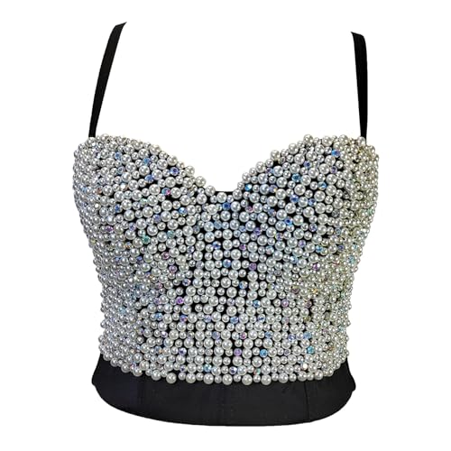 Woboren Damen Crop Top Rhinestone Korsett Bustier Clubwear Party BH with Detachable Strap Silber S von Woboren