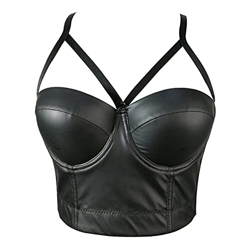 Woboren Damen Korsett Bustier BH aus Kunstleder Dessous Leder Tank Top Trägertop Crop Top Corsage Clubwear Shirt Unterhemd Leder top Schwarz L von Woboren