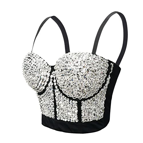 Woboren Damen Pailletten Perlen Bustier Crop Top Push-up Club Party Korsett Top with Detachable Strap von Woboren