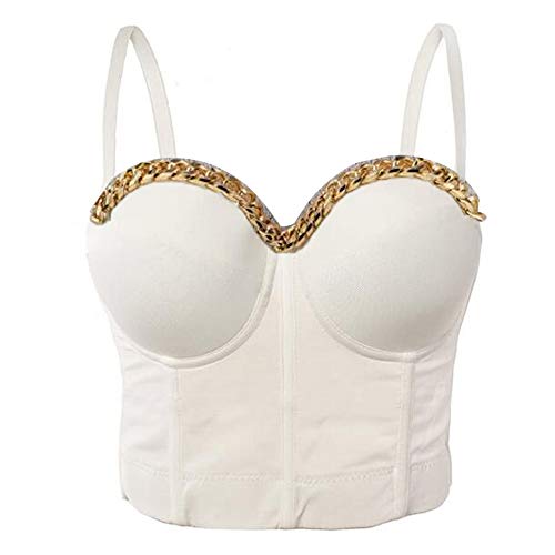 Woboren Damen Push Up Bustier Crop Top Gothic Punk Kette Korsett Clubwear BH with Detachable Strap White M von Woboren