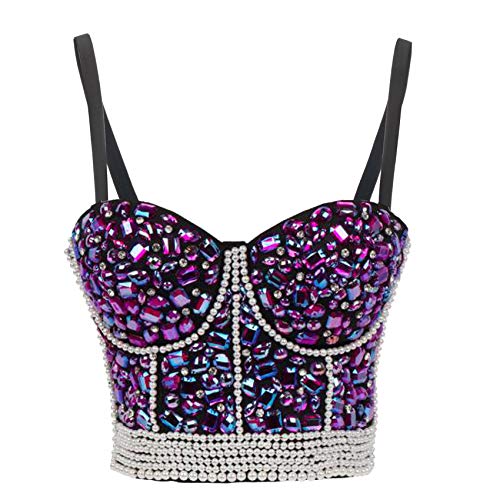 Woboren Damen Push Up Bustier Lace Crop Top Gothic Punk Perlen Strasssteine Diamanten Korsett Clubwear Party BH with Detachable Strap von Woboren