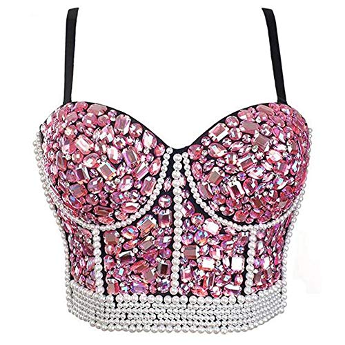 Woboren Damen Push Up Bustier Lace Crop Top Gothic Punk Perlen Strasssteine Diamanten Korsett Clubwear Party BH with Detachable Strap von Woboren