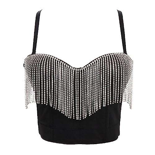 Woboren Damen Quaste Strass Bustier Crop Top Bra Korsett Top Clubwear Party BH with Detachable Strap von Woboren