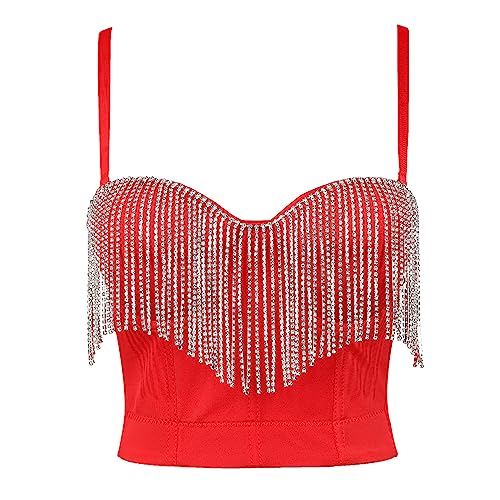 Woboren Damen Quaste Strass Bustier Crop Top Bra Korsett Top Clubwear Party BH with Detachable Strap von Woboren