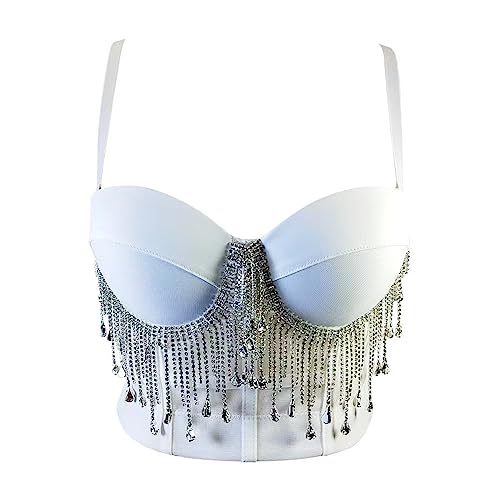 Woboren Damen Quaste Strass Bustier Crop Top Bra Korsett Top Clubwear Party BH with Detachable Strap von Woboren