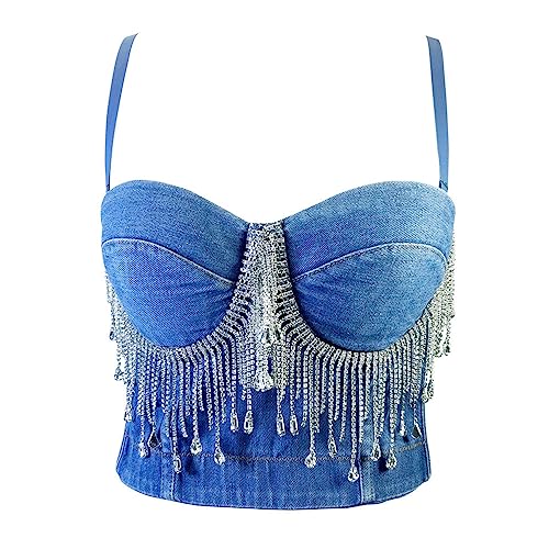 Woboren Damen Quaste Strass Denim Bustier Crop Top Bra Korsett Top Clubwear Party BH with Detachable Strap von Woboren