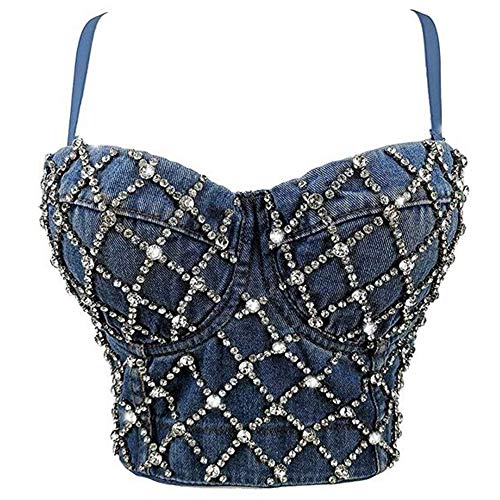 Woboren Damen Strass Diamant Push Up Bustier Crop Top Gothic Punk Korsett Clubwear BH with Detachable Strap Blau M von Woboren