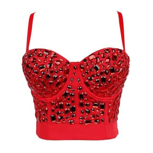 Woboren Damen Strass Diamant Push Up Bustier Crop Top Gothic Punk Korsett Clubwear Party BH Bluse Tops von Woboren