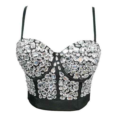 Woboren Damen Strass Diamant Push Up Bustier Crop Top Gothic Punk Korsett Clubwear Party BH Bluse Tops von Woboren