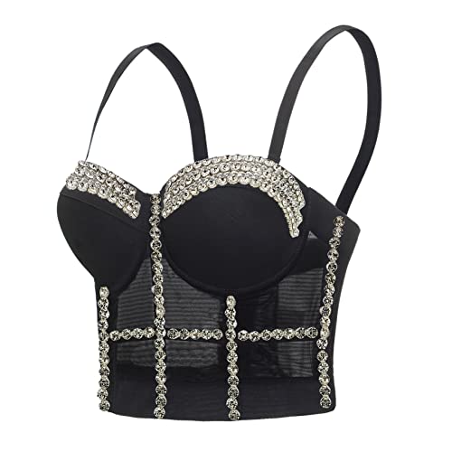 Woboren Damen Strass Diamant Push Up Bustier Crop Top Gothic Punk Korsett Clubwear Party BH with Detachable Strap (Schwarz, L) von Woboren