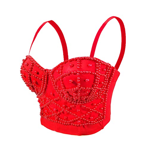 Woboren Damen Strass Push Up Bustier Crop Top Gothic Punk Korsett Clubwear Party Rot BH L von Woboren