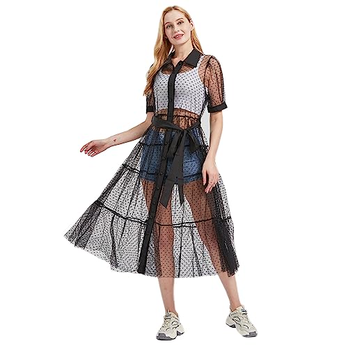 Wodaji Frauen Sheer Mesh Button Down Shirt Kleid mit Taillengürtel Sommer Strand Durchsichtig Bikini Cover Up Bademode, Schwarz, Mittel von Wodaji