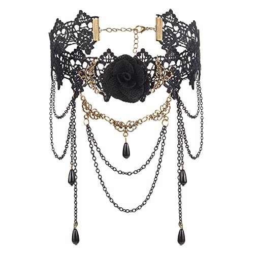 Wodasi Gotik Spitze Halskette, Damen Halsband Vintage Choker mit Blume Schwarz Spitze Halsketten fur Party Machen, Damen Schwarz Gothic Vintage Choker Kette Spitze Collier Halskette mit Anhänger von Wodasi