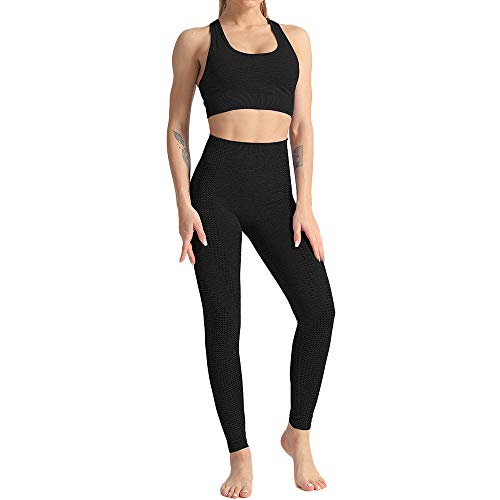 WODOWEI Damen 2-teiliges Outfits Sport BH Nahtlose Leggings Yoga Set Lange Hosen Gym Kleidung - Schwarz - Klein von WodoWei