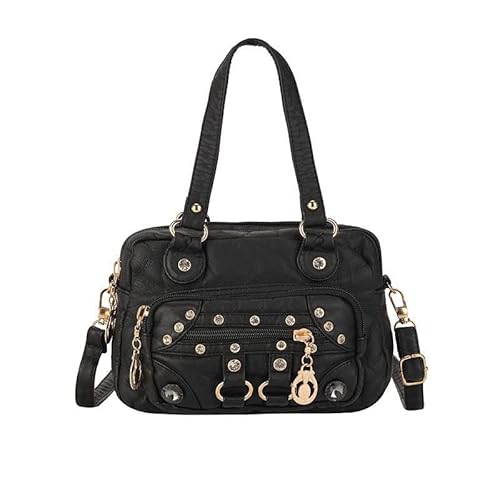 Ethnische Strass-Handtasche – bunte Bohemian-Umhängetasche, weiches gewaschenes Leder, mehrfarbig, Schultertasche mit Reißverschlusstasche, einzigartiges Geschenk für Damen, Schwarz , large von Wodouyzi