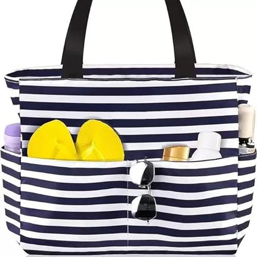 Wodouyzi Große wasserdichte Strandtasche für Damen – faltbare Tragetasche mit Reißverschluss und mehreren Taschen, für Reisen, Pool, Fitnessstudio, Einkaufstasche, Schwarz, blau, 20CM von Wodouyzi