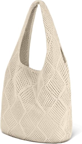 Wodouyzi Vintage Gestrickte Umhängetasche - Handgewebte Häkeltasche mit hohlem Netz-Design, Boho-Strandtasche für Reisen & den täglichen Gebrauch, Hellkhaki, 40CM von Wodouyzi