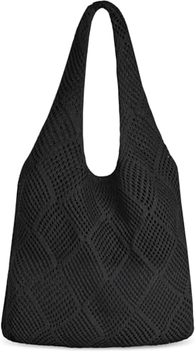 Wodouyzi Vintage Gestrickte Umhängetasche - Handgewebte Häkeltasche mit hohlem Netz-Design, Boho-Strandtasche für Reisen & den täglichen Gebrauch, Schwarz , 40CM von Wodouyzi