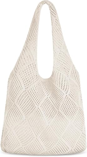 Wodouyzi Vintage Gestrickte Umhängetasche - Handgewebte Häkeltasche mit hohlem Netz-Design, Boho-Strandtasche für Reisen & den täglichen Gebrauch, weiß, 40CM von Wodouyzi
