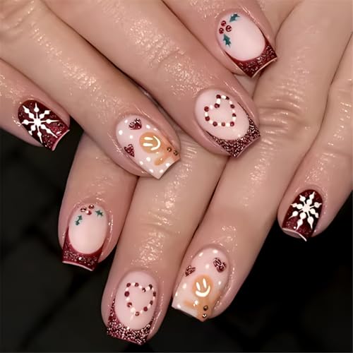 24 x Weihnachts-Nägel zum Aufdrücken, Schneeflocke, zum Aufkleben, kurz, quadratisch, mit Lebkuchenmann-Designs für Frauen von Woedpez