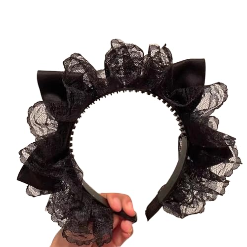 Gothic Bowknot Stirnband Plissee Spitze Dekor Haarreifen Weihnachten Party Kopfschmuck Cosplay Charakter für Teenager Plissee Spitze Stirnband von Woedpez