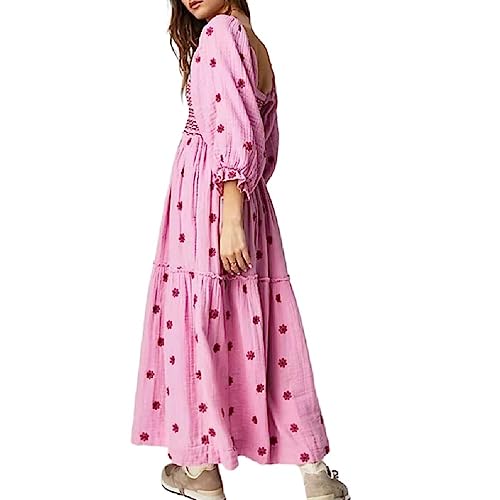 Lässiges Sommer Maxikleid Für Damen 3/4-Ärmel Quadratischer Ausschnitt Gestuftes A Linien Kleid Böhmisches Fließendes Gesmoktes Blumenkleid Florales A Linien Kleid von Woedpez