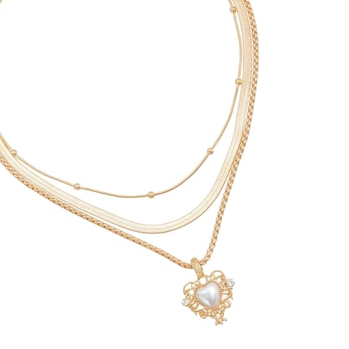 Vintage-inspirierte, mehrlagige Herz-Halskette mit Perlen und Kristallen für Schmuck-Looks, verstellbare Länge von Woedpez