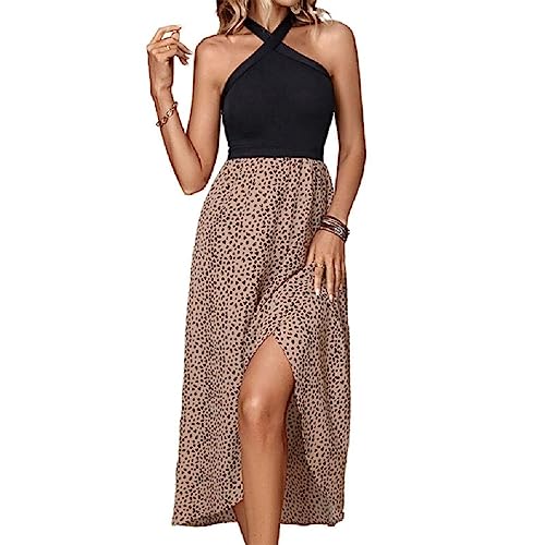 Woedpez Damen Kleider Sommer Lässig Ärmellos Rückenfrei Leoparden Patchwork Maxikleid Elegantes Party Outfits Kleid Damen Kleid Mit Seitenschlitz von Woedpez