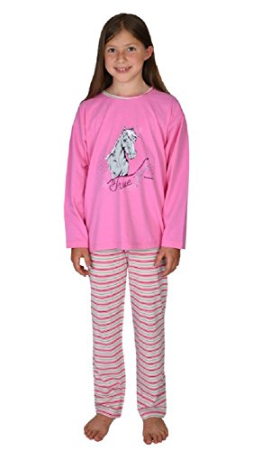 Wörner Mädchen Schlafanzug lang kurz Shorty Sleepshirt Bademantel Badetücher "Pferd & Ringel orchidee" Jersey Frottee (152, Schlafanzug lang Pferd orchidee) von WöRNER SüDFROTTIER