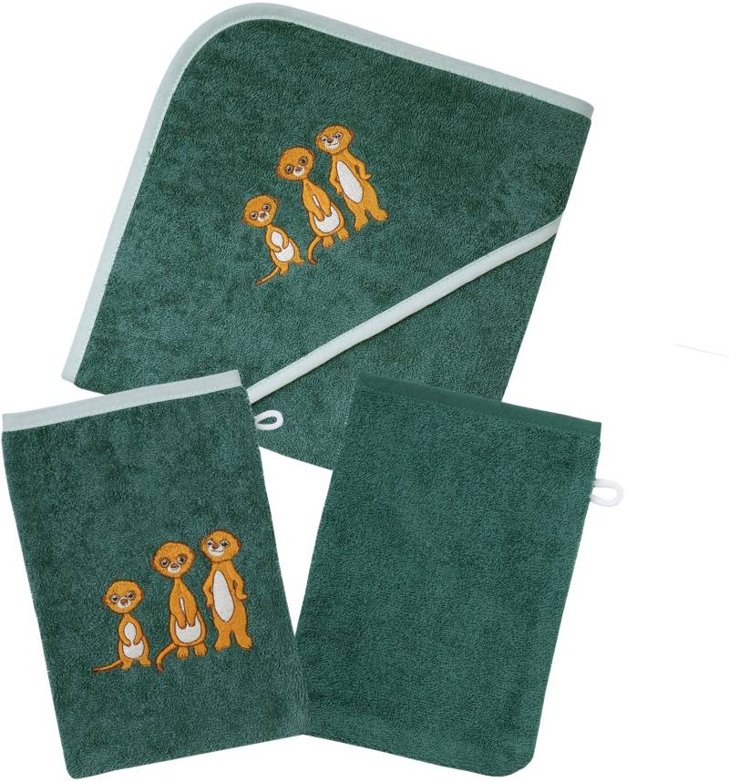 Wörner Handtuch Set "Erdmännchen pinie Kapuzenbadetuch mit 2 Waschhandschuhen", (Spar-Set, 3 St., Kapuzenhandtuch 80 x 80 cm-2x Waschhandschuhe 15 x 21 cm), mit süßer Stickerei Erdmännchen von Wörner