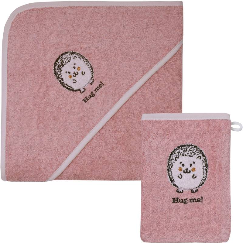 Wörner Handtuch Set "Igel rosa Kapuzenbadetuch 100/100 mit Waschhandschuh" mi süßer Igelstickerei von Wörner