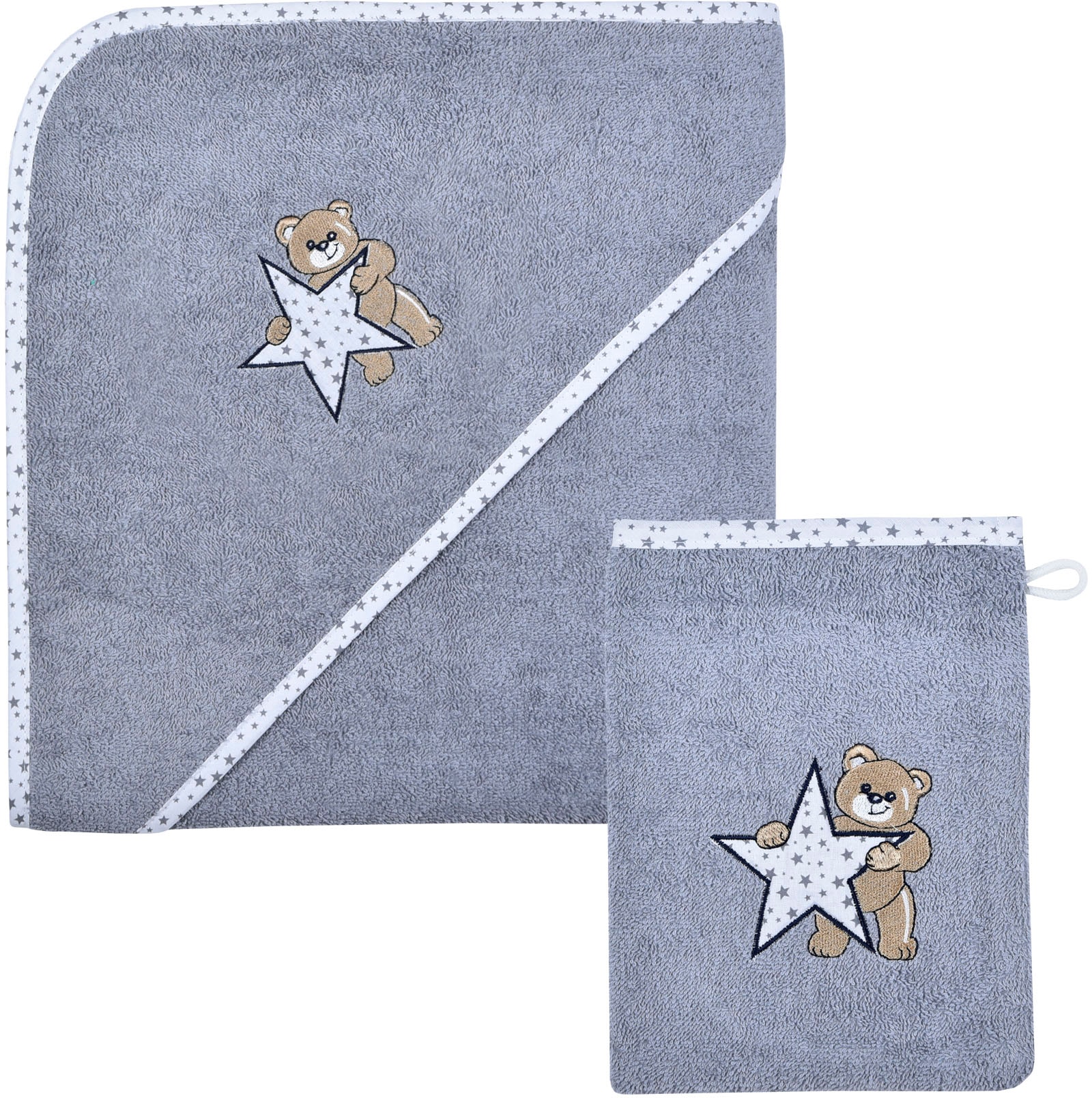 Wörner Handtuch Set "Teddy/Stern Kapuzenbadetuch 100/100 mit Waschhandschuh", (Spar-Set, 2 St., Kapuzenhandtuch 100 x 100 cm-Waschhandschuh 15 x 21 cm), mit süßer Teddystickerei von Wörner