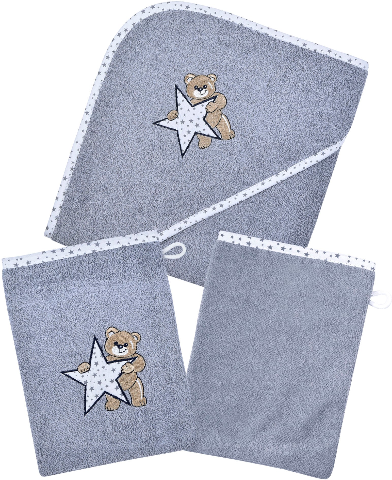 Wörner Handtuch Set "Teddy/Stern Kapuzenbadetuch mit 2 Waschhandschuhen", (Spar-Set, 3 St.) von Wörner