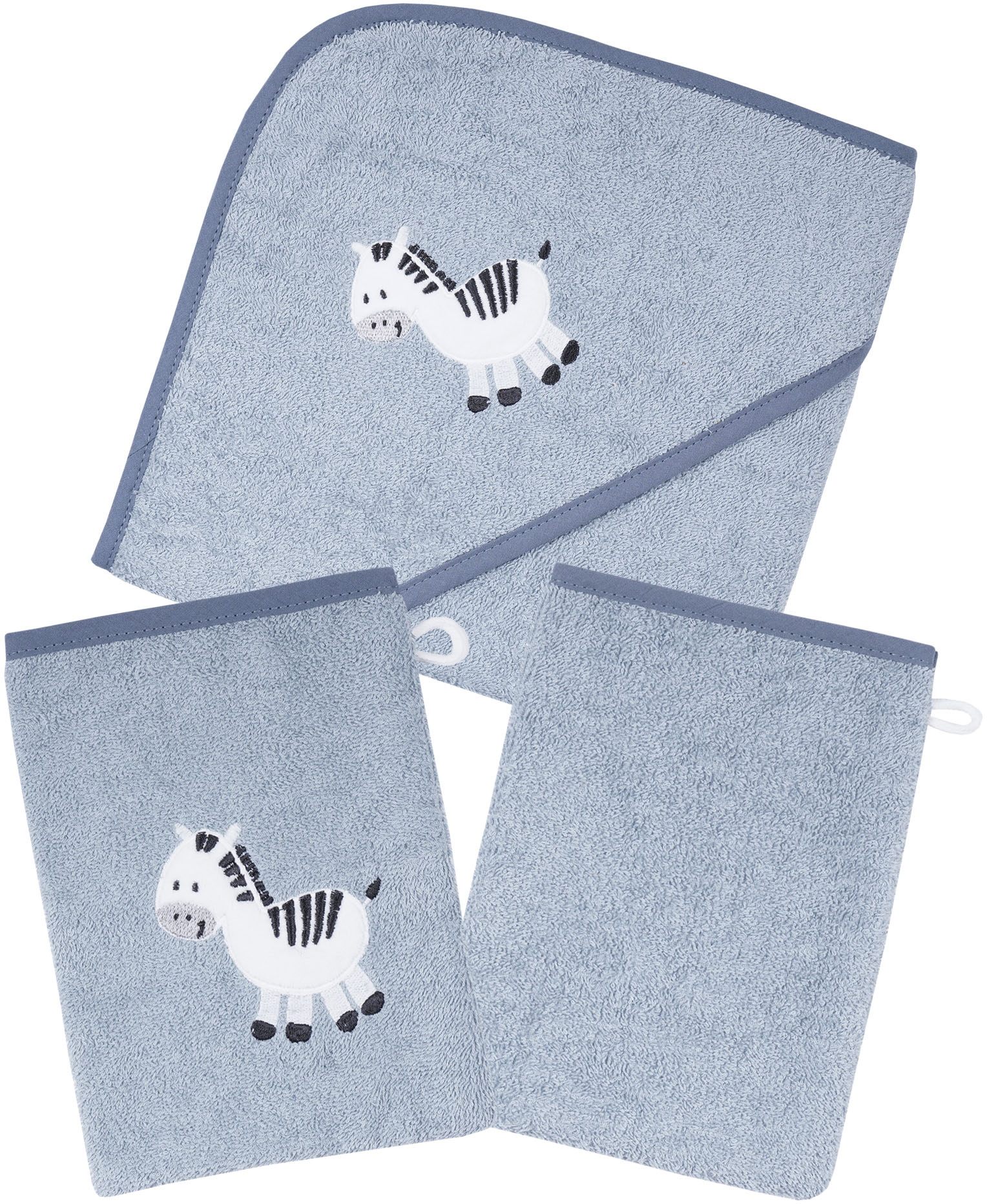 Wörner Handtuch Set "Zebra blau Kapuzenbadetuch mit 2 Waschhandschuhen", (Spar-Set, 3 St.) von Wörner