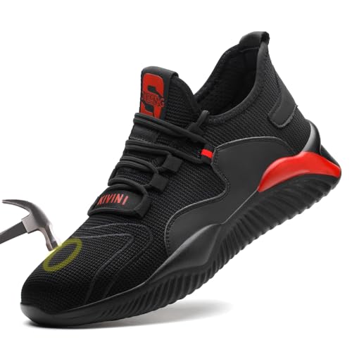 Stahlkappe Schutzschuhe Herren Sicherheitsschuhe Herren Damen Arbeitsschuhe Sneaker Sommer Atmungsaktiv Turnschuhe Sportlich Männer Frauen Schwarz Rot 45 von Woflebel