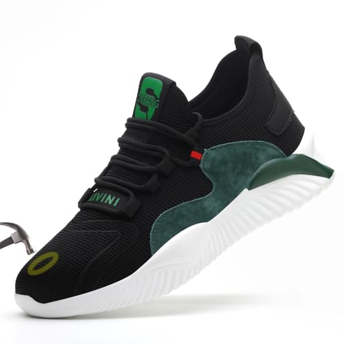 Woflebel Arbeitsschuhe Damen 36 Sicherheitsschuhe Herren mit Stahlkappe Schutzschuhe Sneaker Unisex Outdoor Atmungsaktiv Arbeit Schuhe Turnschuhe Schwarz Grün von Woflebel