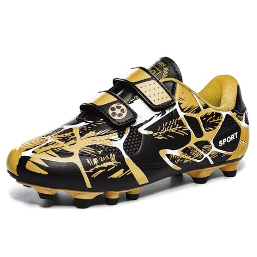 Woflebel Fußballschuhe Jungen Fussballschuhe Kinder Mädchen Trainingsschuhe Outdoor rutschfest Sportschuhe Unisex Soccer Schuhe Schwarz Gold 28 von Woflebel