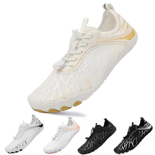 Woflebel Wasserschuhe Damen Barfußschuhe Herren Schwimmschuhe Sommer Outdoor Badeschuhe Strandschuhe Schnell Trocknen Surfschuhe Weiß Gold 37 von Woflebel